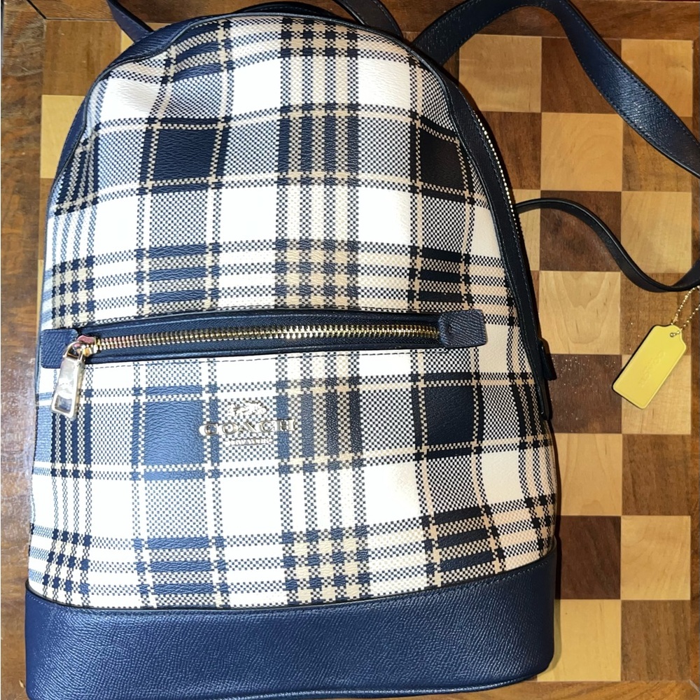 Coach Navy Yellow and White Plaid Backpack / Purse EUC